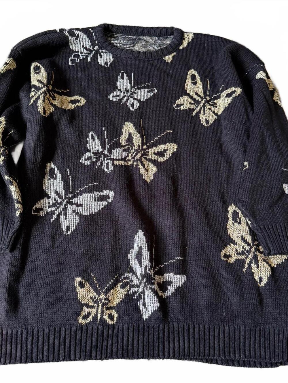 Vintage 90s Black Oversized Butterfly Knit Sweater Whimsigoth Fairycore fits lrg